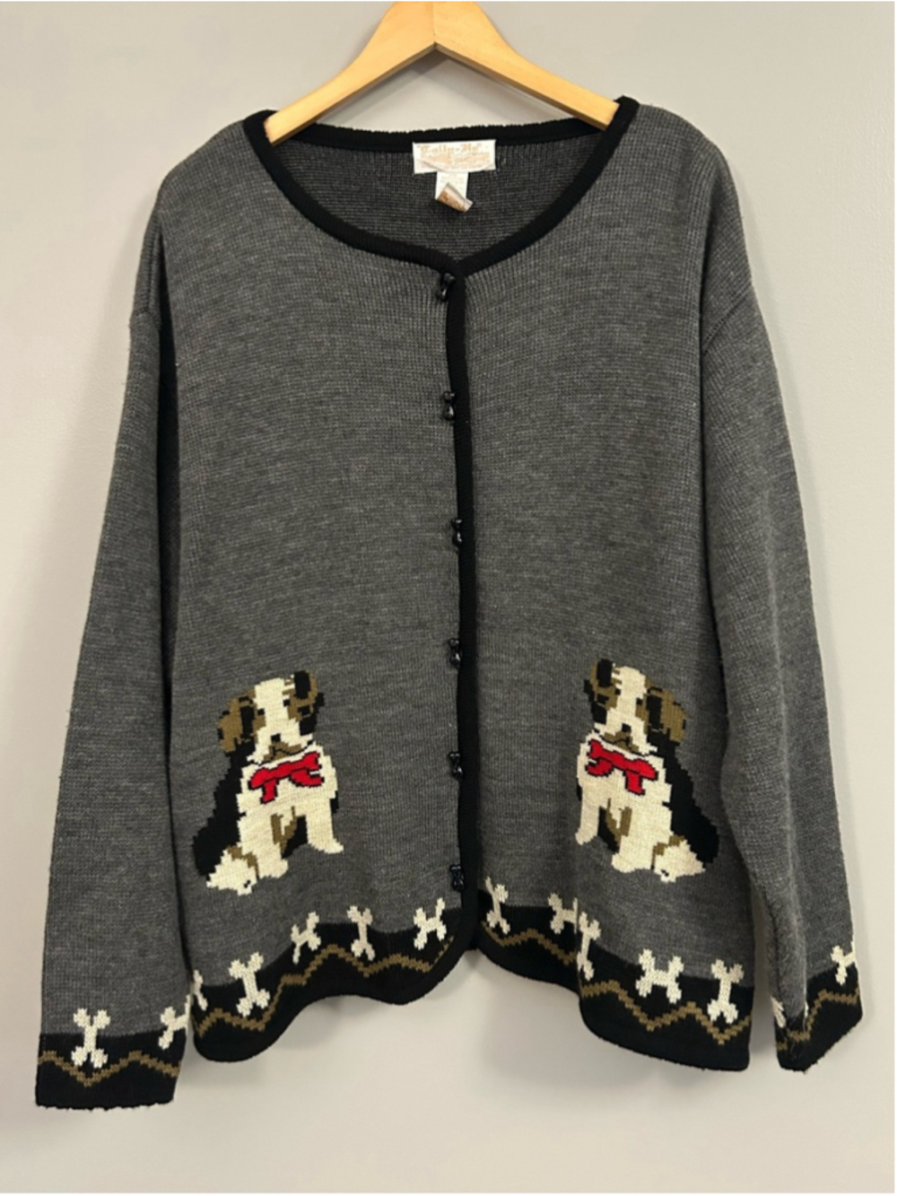 Tally Ho Dogs Black and Gray Knit Cardigan Label View 3X Bone Buttons Vintage